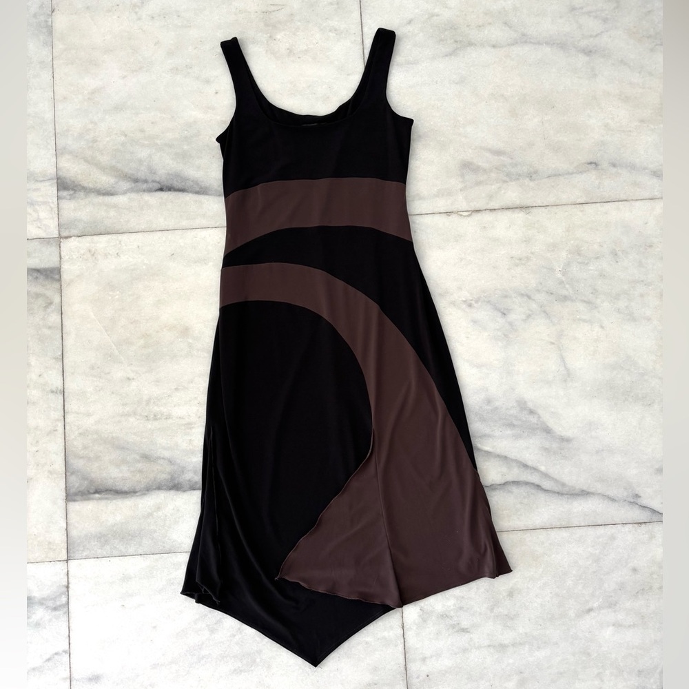 VTG Bruno Duluc Dress Black Brown Print Midi Womens M 90s Grunge Lagenlook USA